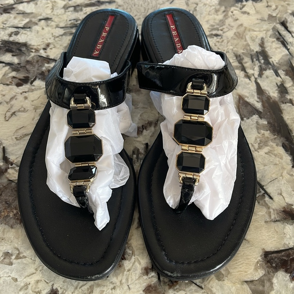 🛍️Prada Patent Jewel Thong Slides 37.5 - Picture 2 of 14